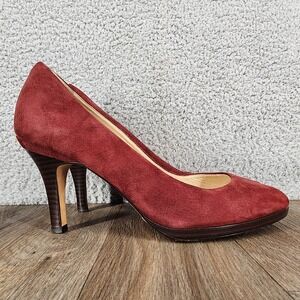 Cole Haan 8.5B Burgundy Suede Open‎ Toe Heels Leather Stacked Heeled Pumps